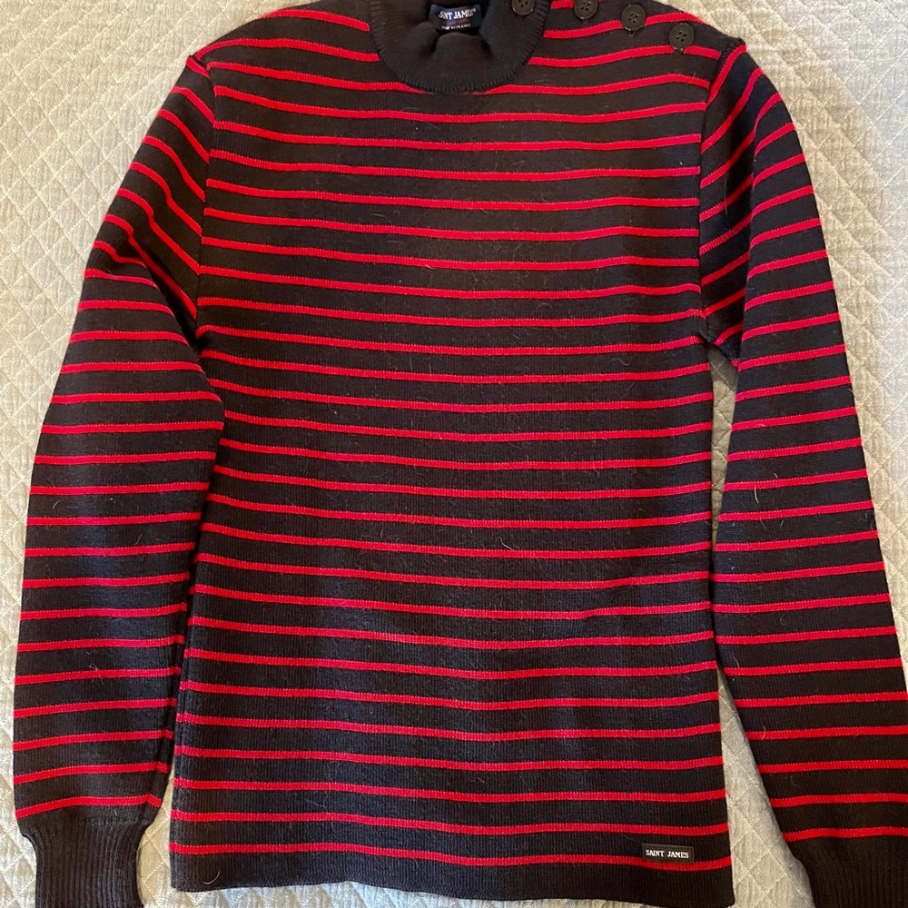SAINT JAMES Breton Striped Wool Fisherman Sweater Black/Red Sz 40 France